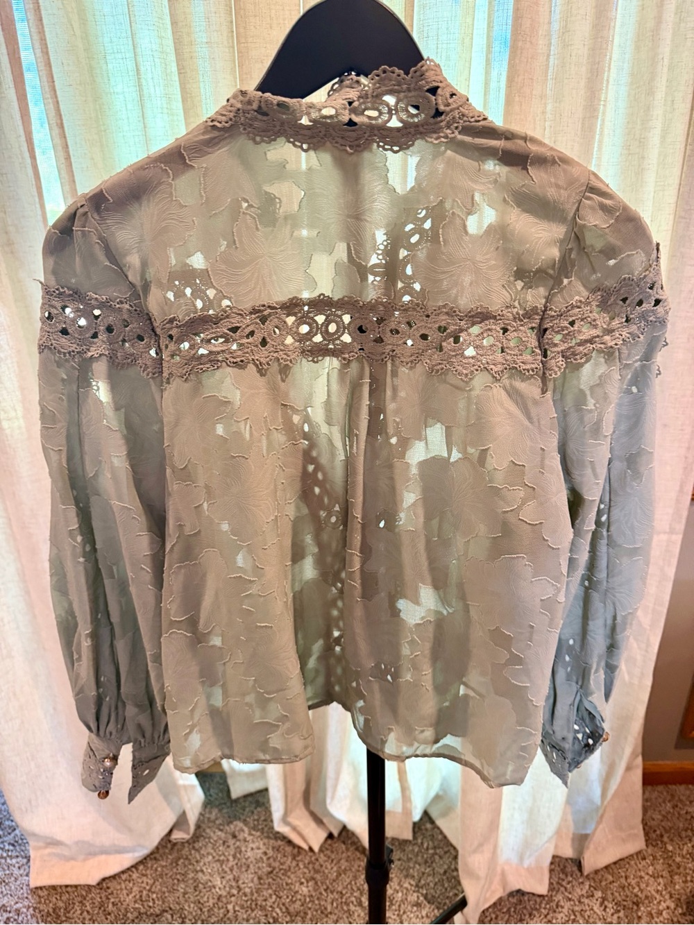 Luxxel Sheer Floral Burnout Lace-Trim Blouse Short Set